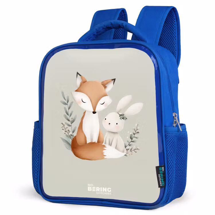 Kids backpack - Blue - Fox and rabbit surrounded by green leaves — 3