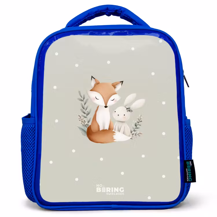 Kids backpack - Blue - Fox and rabbit surrounded by green leaves and dots — 1