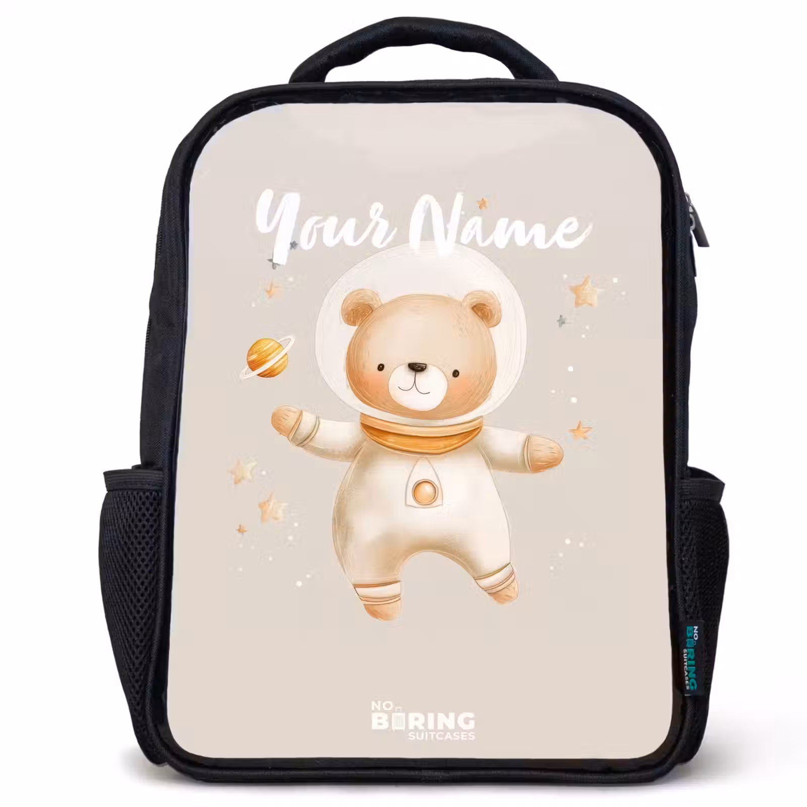 Kids backpack - Black - Beige space bear floats among stars — 1