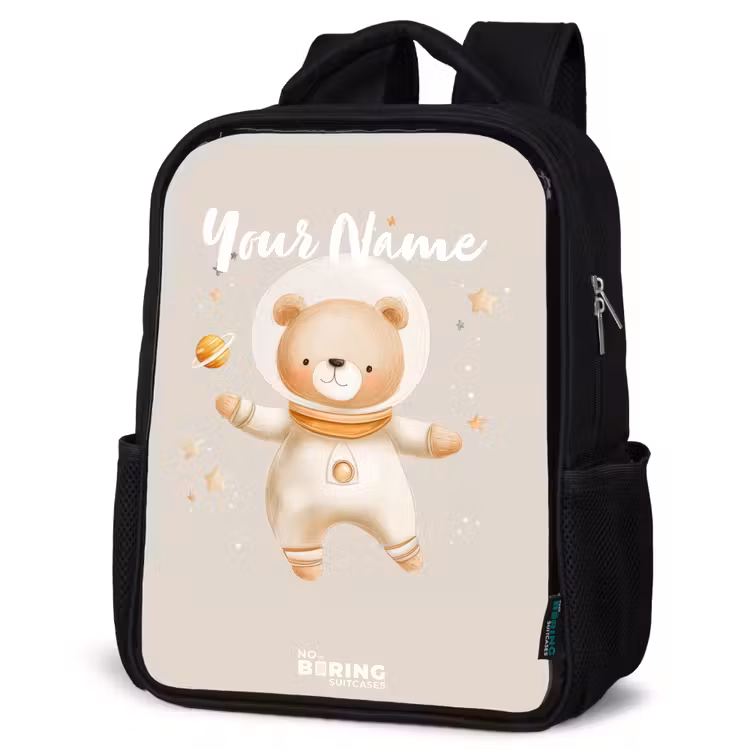 Kids backpack - Black - Beige space bear floats among stars — 4