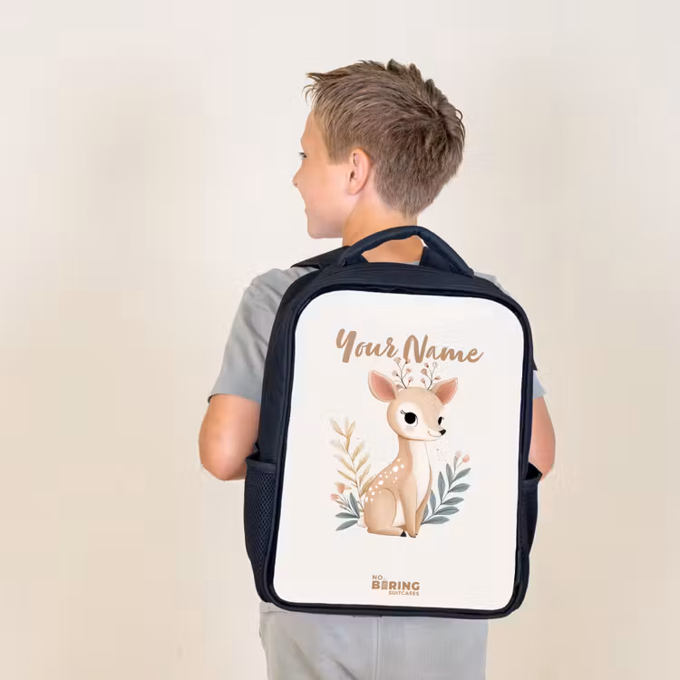 Kids backpack - Black - Deer surrounded by plants in shades of beige — 2