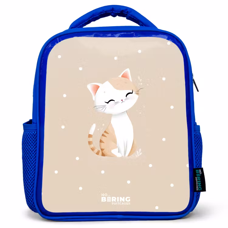 Kids backpack - Blue - Cat surrounded by beige dots — 1