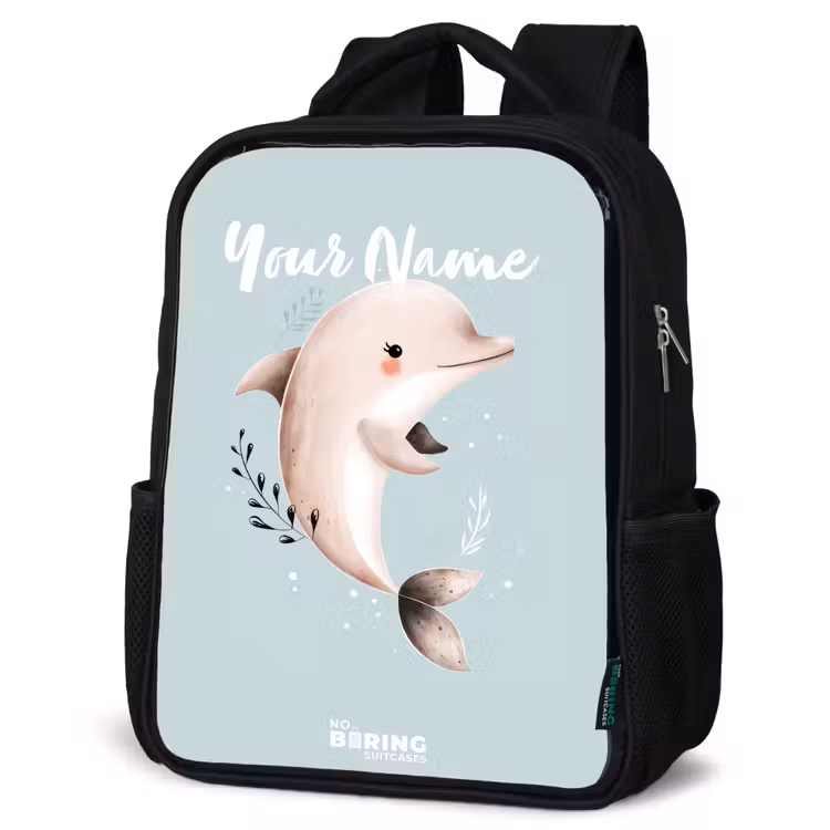 Kids backpack - Black - Beige dolphin in blue water — 4