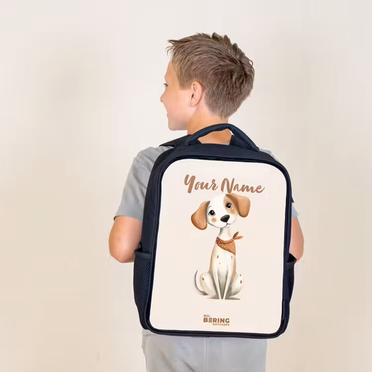 Kids backpack - Black - Brown spotted puppy on a beige background — 2