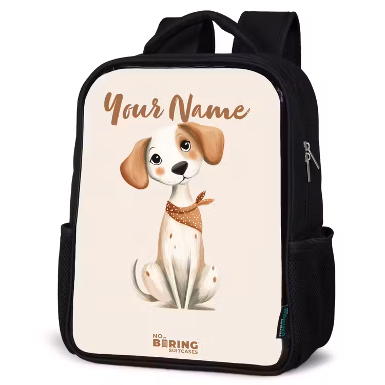 Kids backpack - Black - Brown spotted puppy on a beige background — 4