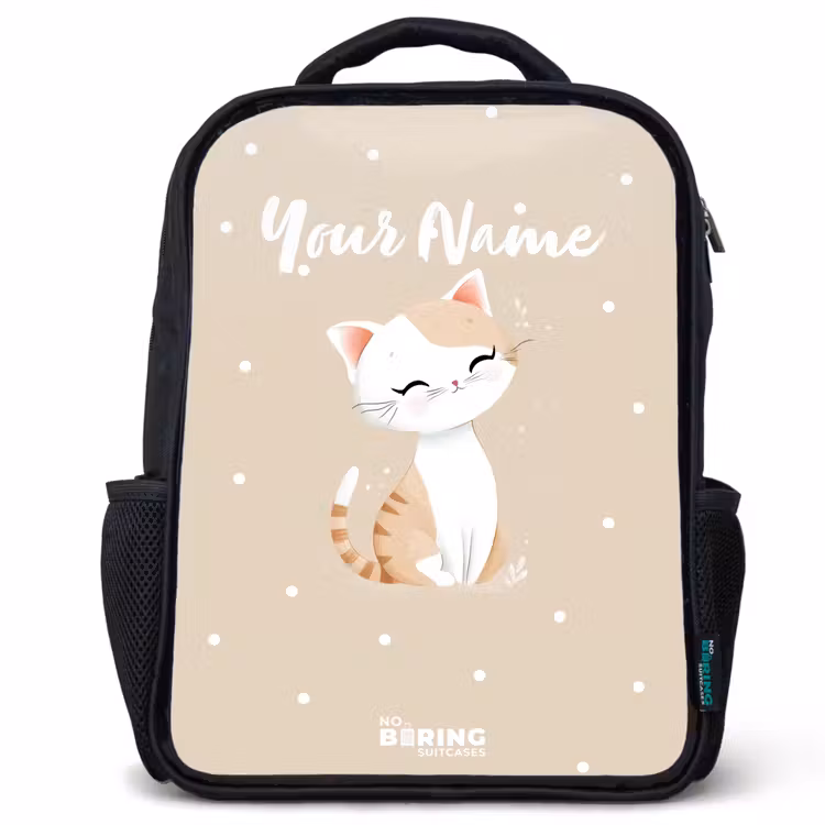 Kids backpack - Black - Cat surrounded by beige dots — 1