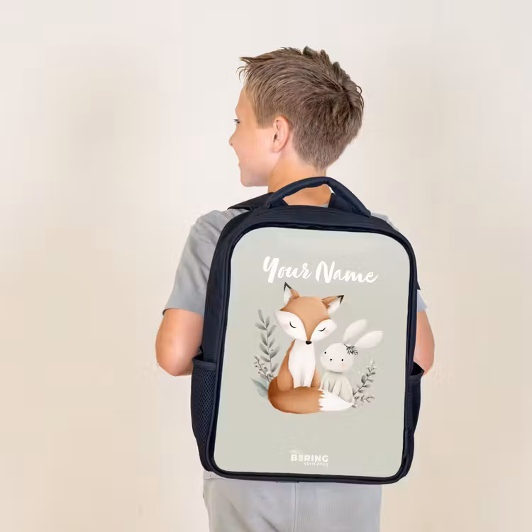 Kids backpack - Black - Fox and rabbit surrounded by green leaves — 2