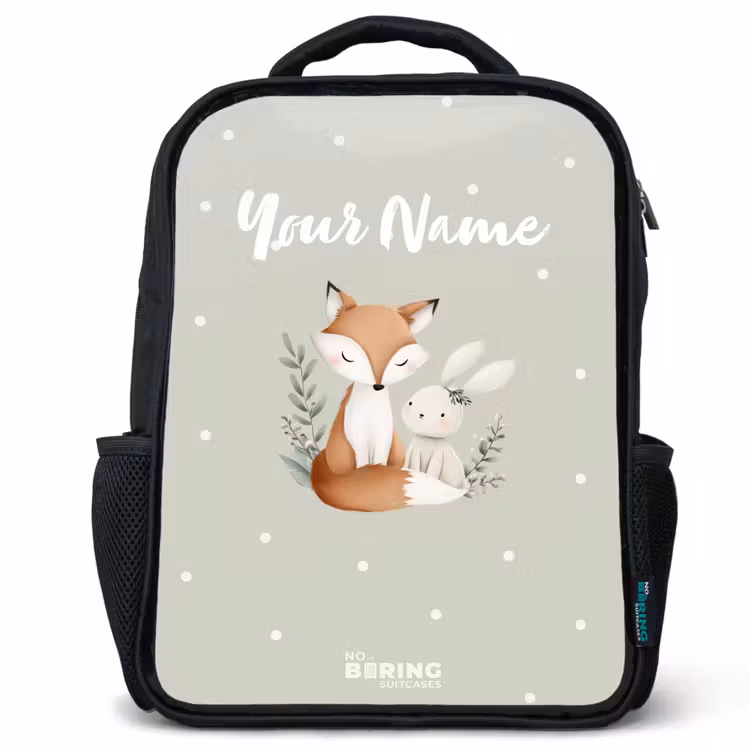 Kids backpack - Black - Fox and rabbit surrounded by green leaves and dots — 1