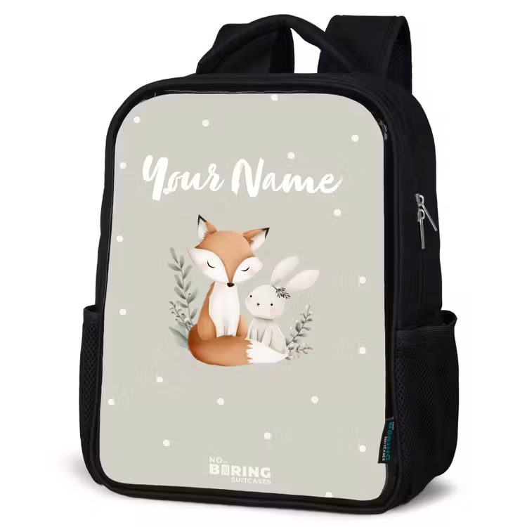 Kids backpack - Black - Fox and rabbit surrounded by green leaves and dots — 4