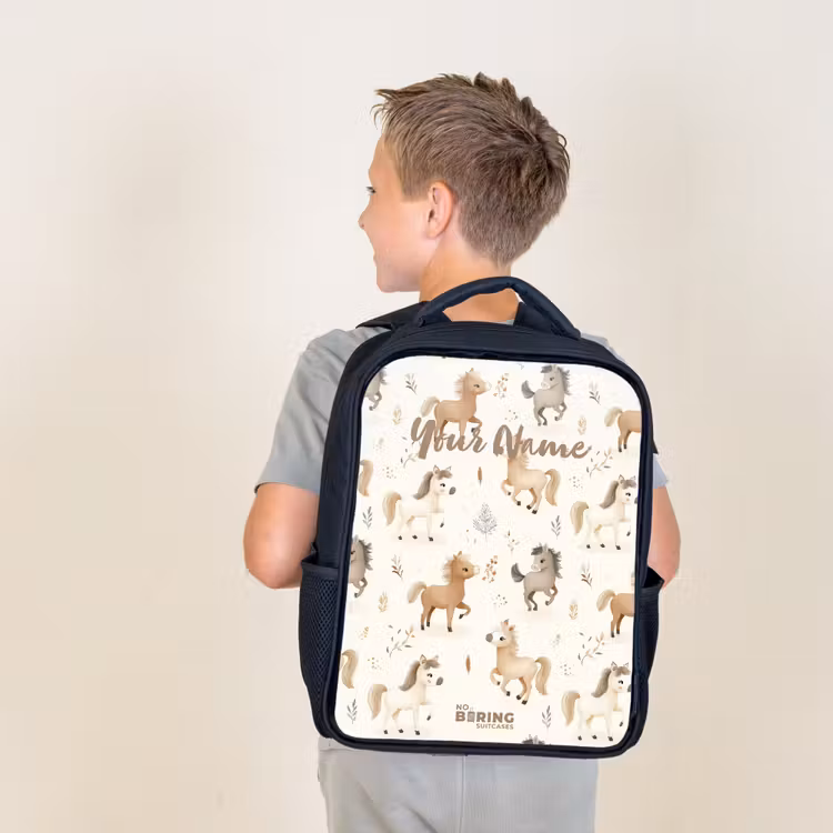 Kids backpack - Black - Pattern of foals in beige and brown colors — 2