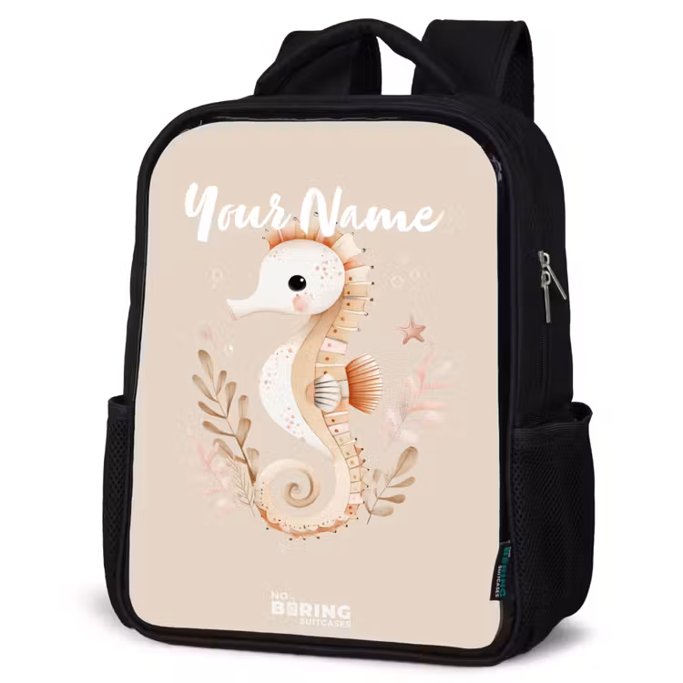 Kids backpack - Black - Pink seahorse among sea plants — 4