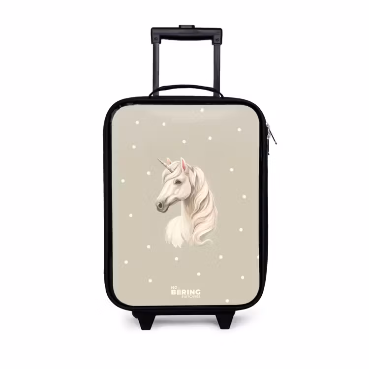 Children's suitcase - Unicorn surrounded by polka dots in neutral colors — 1