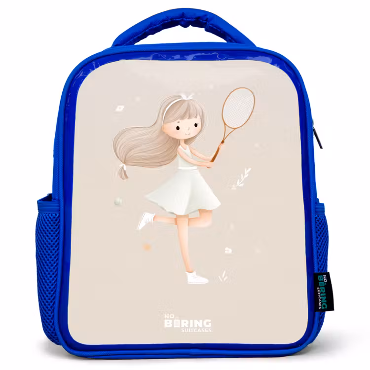 Kids backpack - Blue - Girl plays tennis in beige colors — 1