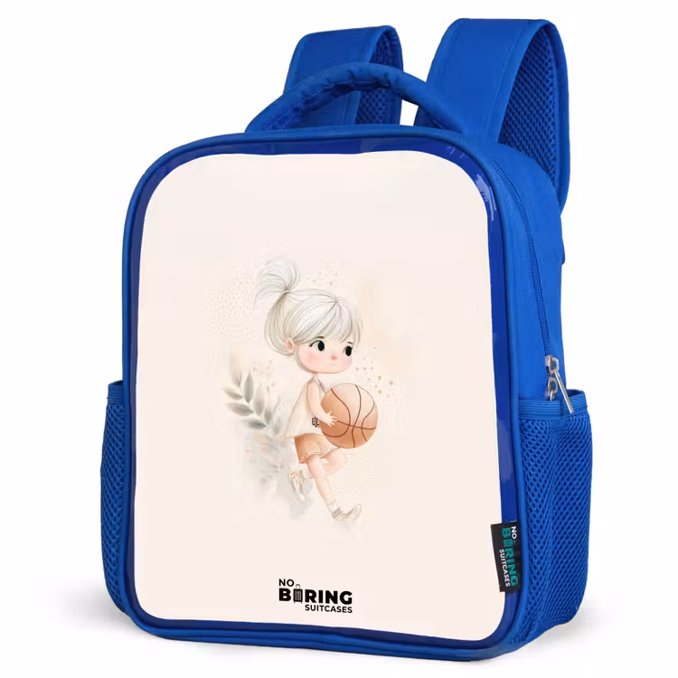 Kids backpack - Blue - Girl with a basketball in neutral colors. — 3