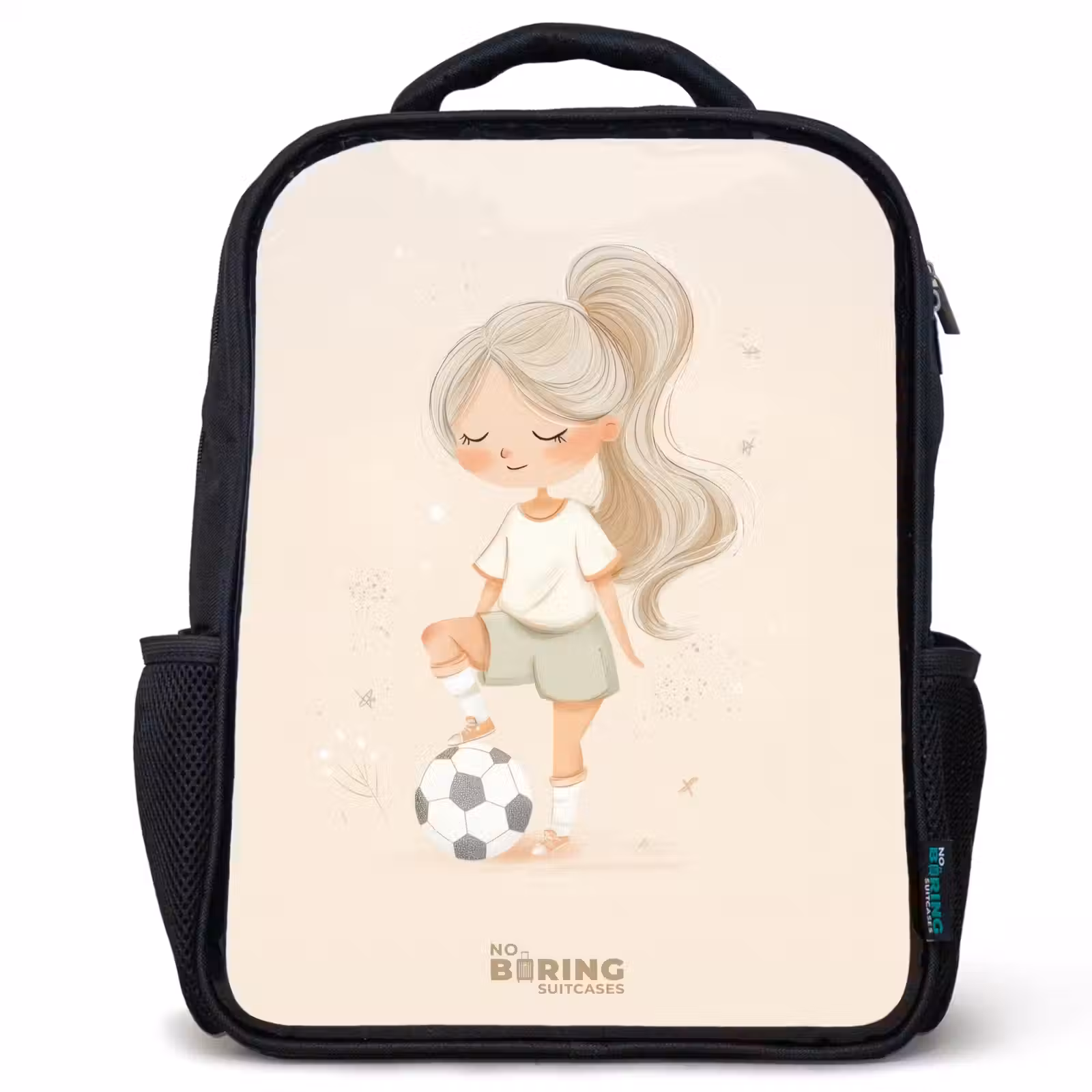 Kids backpack - Black - Girl with a soccer ball in beige colors — 1