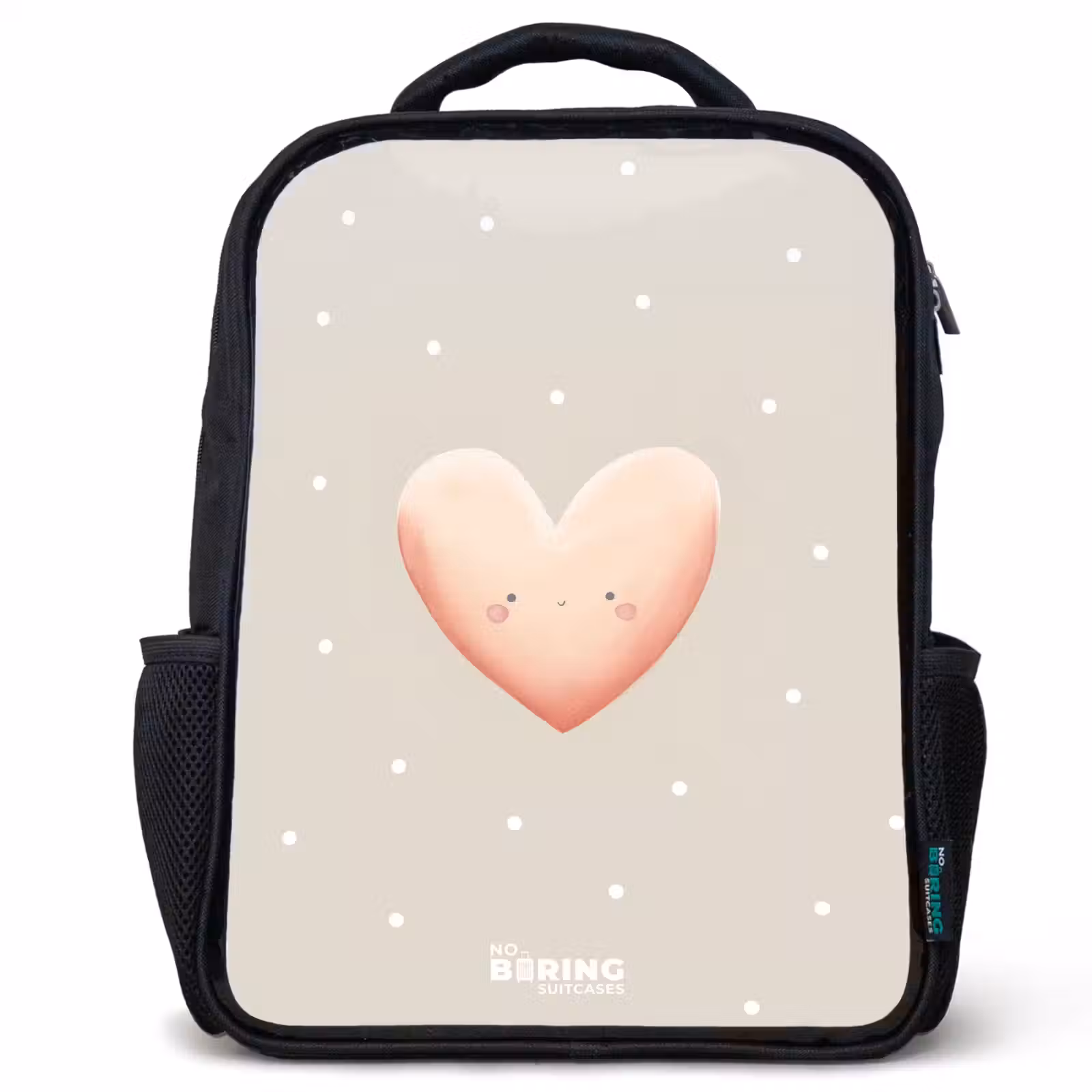 Kids backpack - Black - Pink heart surrounded by beige dots — 1