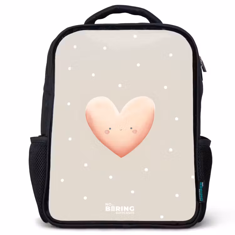 Kids backpack - Black - Pink heart surrounded by beige dots — 1