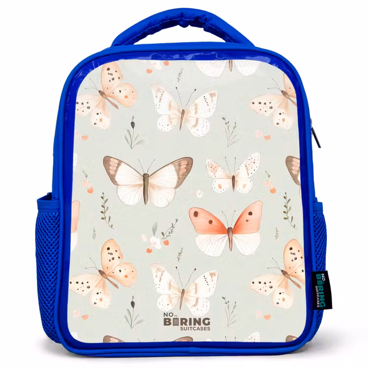 Kids backpack - Blue - Butterfly pattern in soft orange and red tones — 1