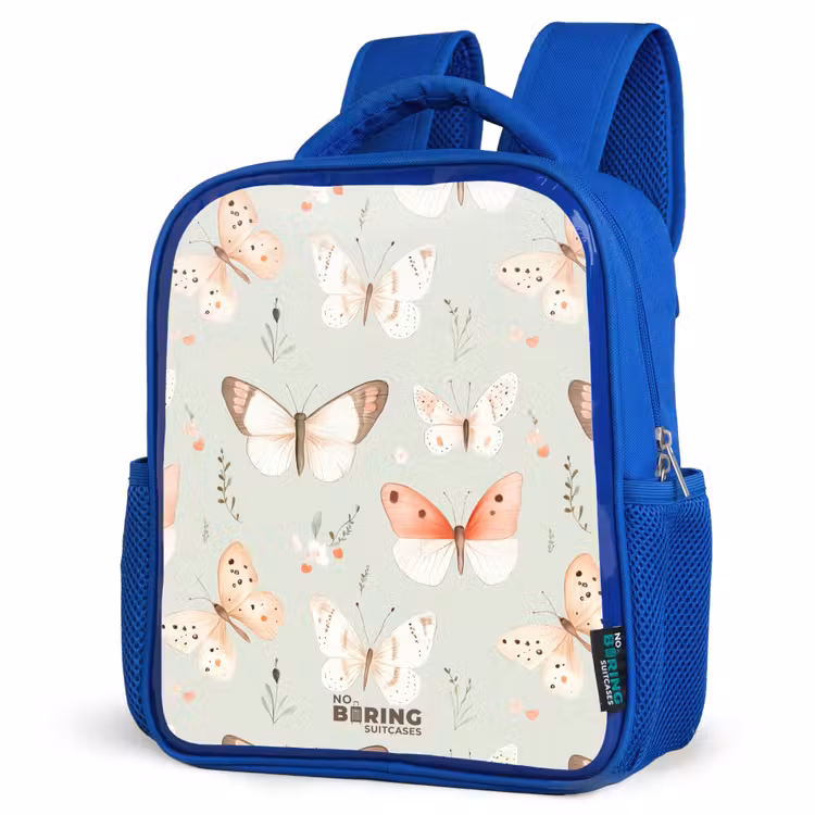 Kids backpack - Blue - Butterfly pattern in soft orange and red tones — 3