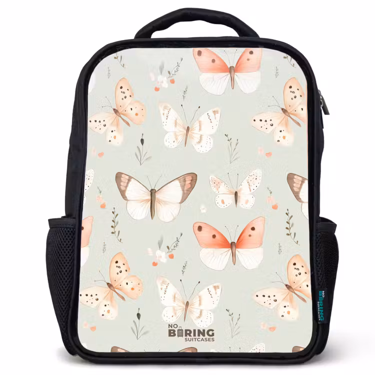 Kids backpack - Black - Butterfly pattern in soft orange and red tones — 1