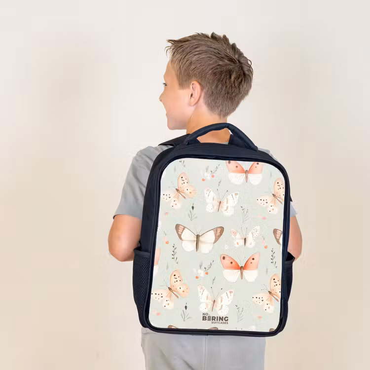 Kids backpack - Black - Butterfly pattern in soft orange and red tones — 2