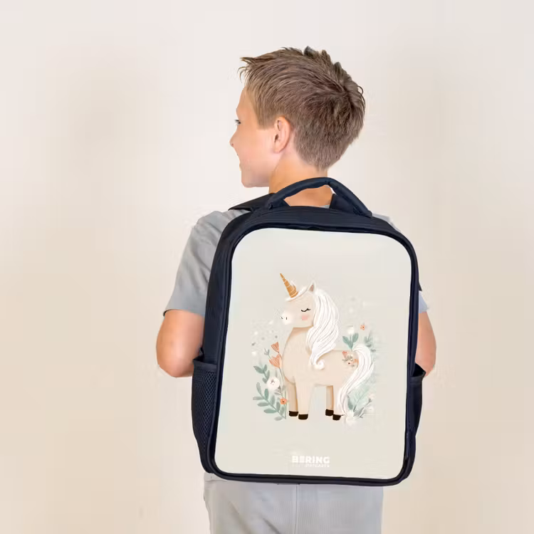 Kids backpack - Black - Unicorn among flowers in beige colors — 2