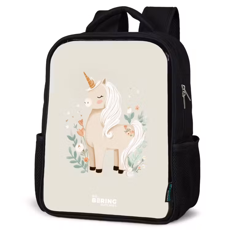 Kids backpack - Black - Unicorn among flowers in beige colors — 4