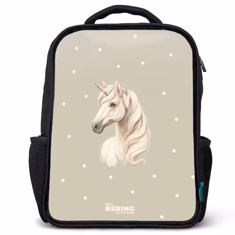 Kids backpack - Black - Unicorn surrounded by polka dots in neutral colors — 1