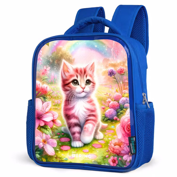Kids backpack - Blue - Kitten with rainbow and flowers — 3