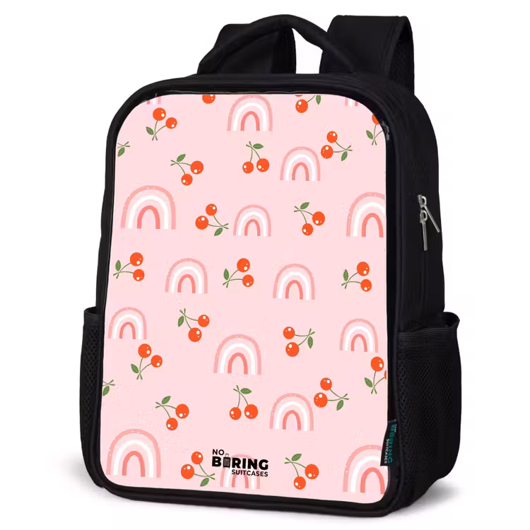 Kids backpack - Black - Pink with rainbow and cherry pattern — 4