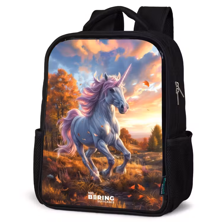 Kids backpack - Black - Galloping Unicorn in Autumn World — 4