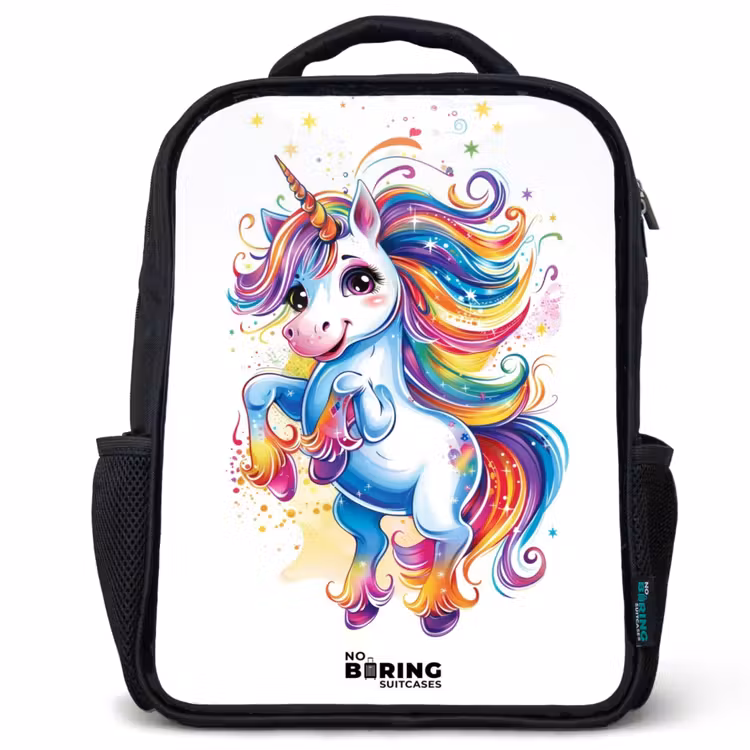 Kids backpack - Black - Prancing Unicorn with Rainbow Moons — 1