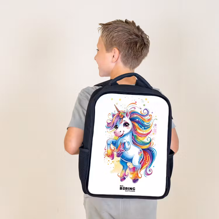 Kids backpack - Black - Prancing Unicorn with Rainbow Moons — 2