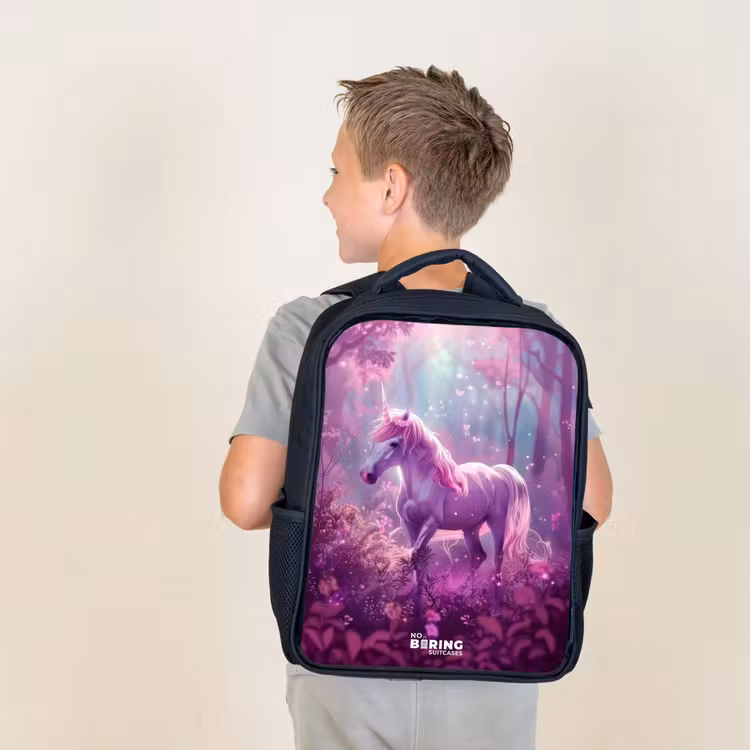 Kids backpack - Black - Unicorn Surrounded by Purple Nature — 2