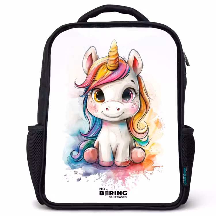 Kids backpack - Black - White Eemhorn with Colorful Mane and Paint Splashes — 1