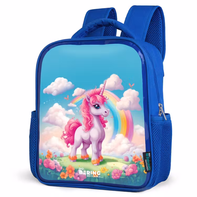 Kids backpack - Blue - Cheerful unicorn at a rainbow — 3