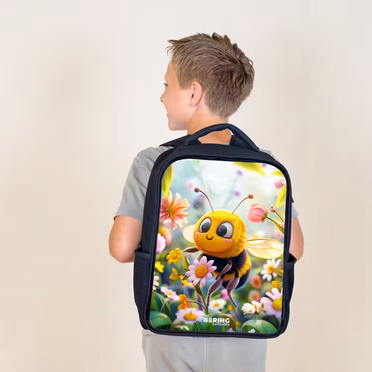 Kids backpack - Black - Close-up of a bee among pink flowers — 2