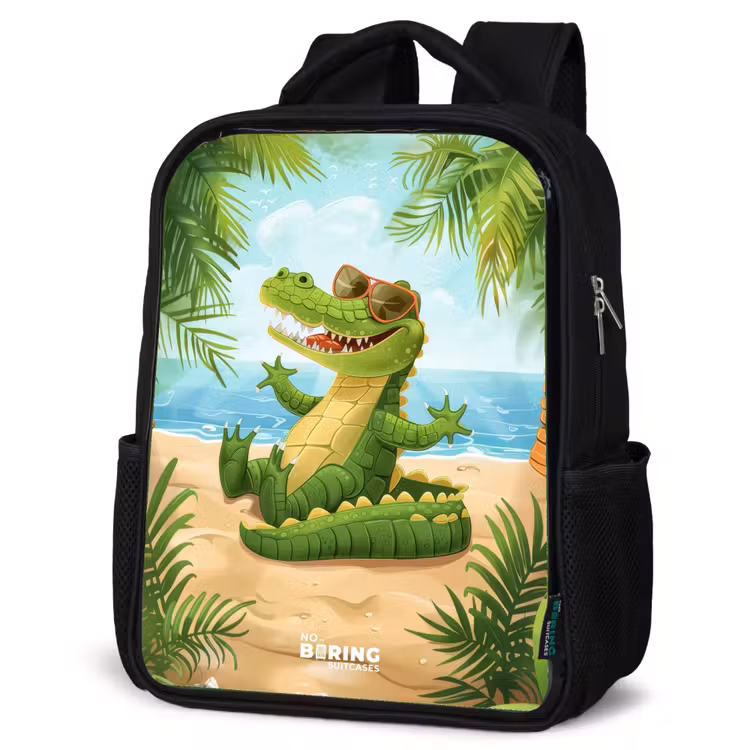 Kids backpack - Black - Crocodile with sunglasses relaxes on beach — 4