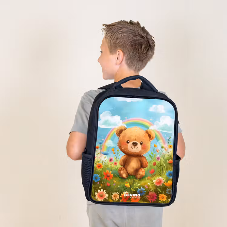 Kids backpack - Black - Teddy bear among flowers — 2