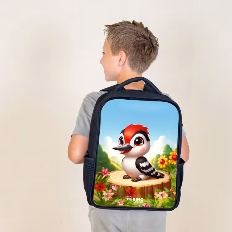 Kids backpack - Black - Woodpecker on and tree stump — 2