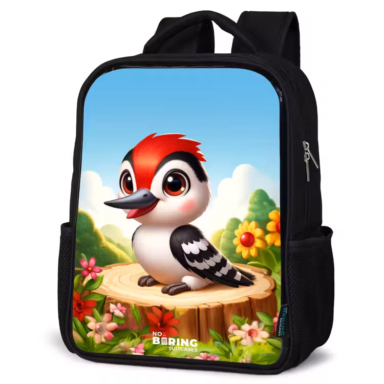 Kids backpack - Black - Woodpecker on and tree stump — 4