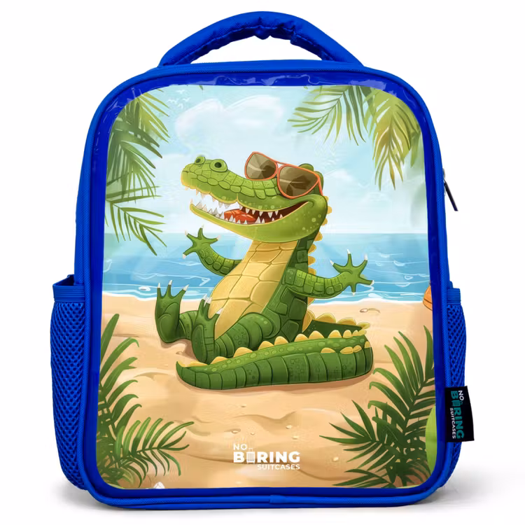 Kids backpack - Blue - Crocodile with sunglasses relaxes on beach — 1