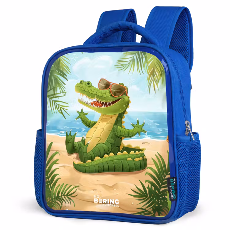Kids backpack - Blue - Crocodile with sunglasses relaxes on beach — 3