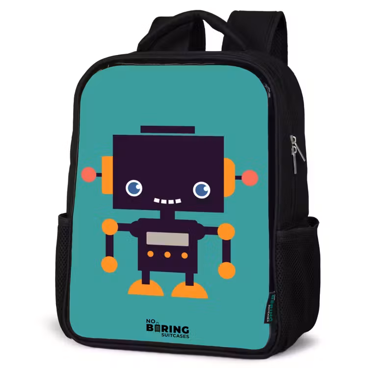 Kids backpack - Black robot with orange accents on a blue background — 4