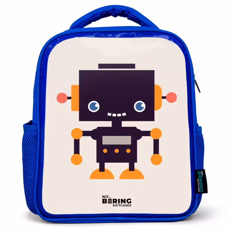 Kids backpack - Blue - Black robot with orange accents — 1