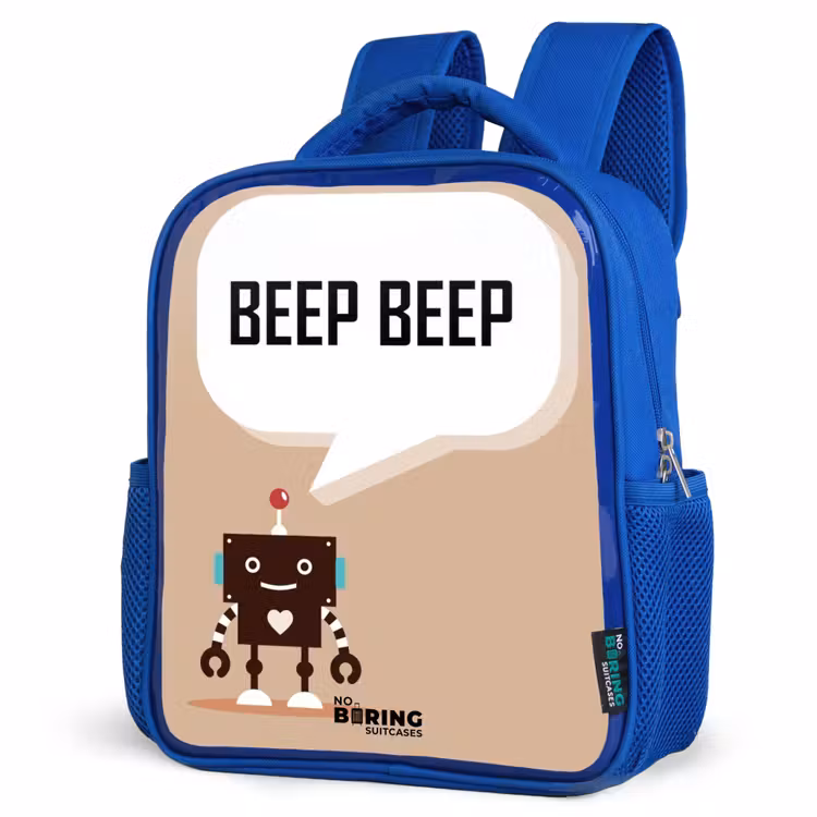 Kids backpack - Blue - Dark brown robot with a text — 3