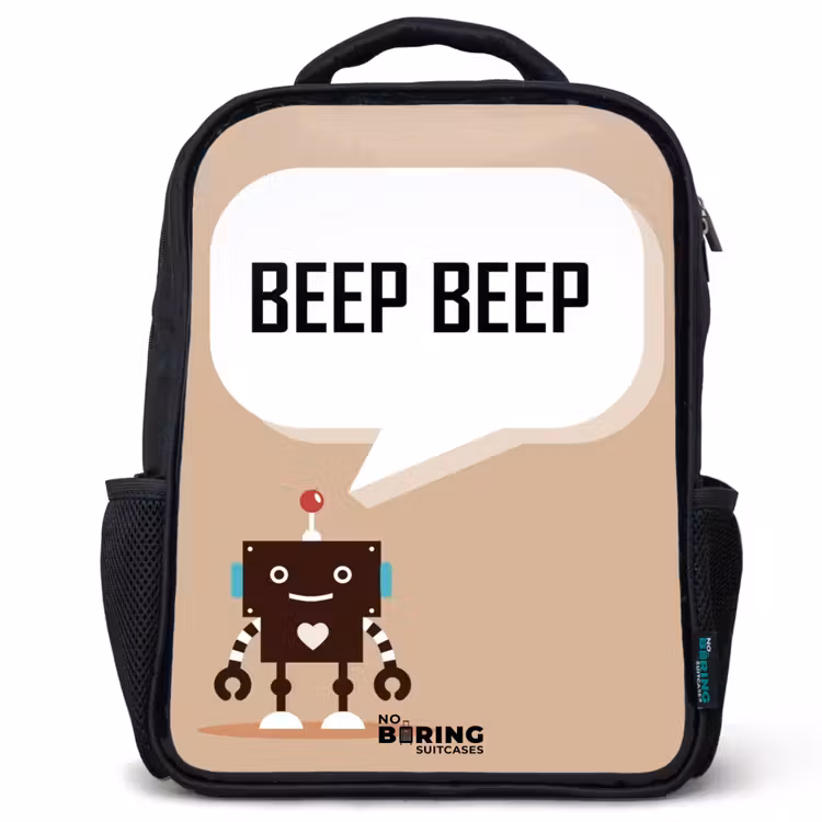 Kids backpack - Black - Dark brown robot with a text — 1