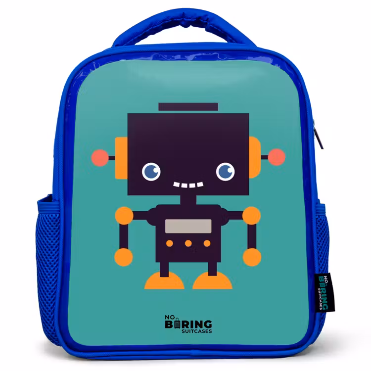 Kids backpack - Blue - Black robot with orange accents on a blue background — 1