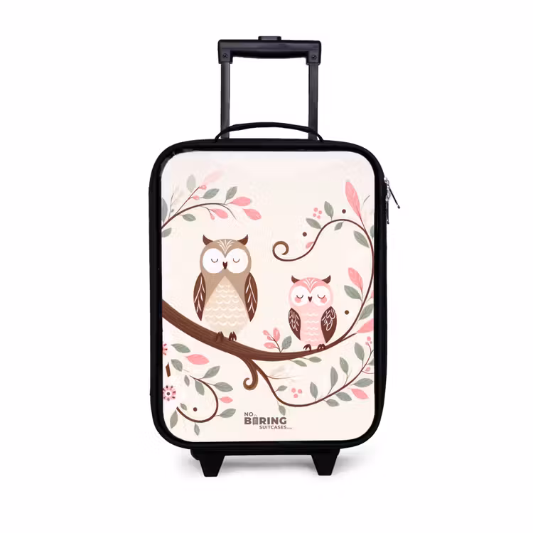 Children's suitcase - Two owls on a branch with pink and green leaves — 1