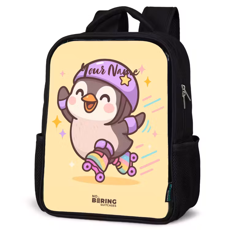 Kids backpack - Black - Kawai - Penguin - Roller skates — 4